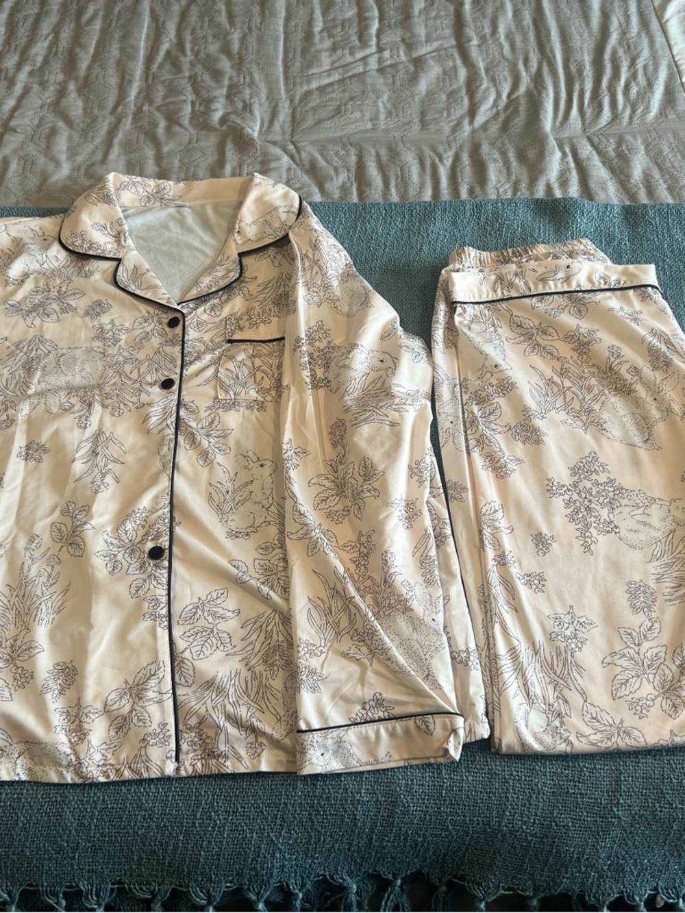 Cream Floral Pajama Set with Black Piping